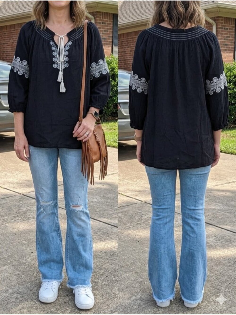 Signature Collection 1X Black 100% Cotton Embroidered Boho Peasant Blouse Tassel